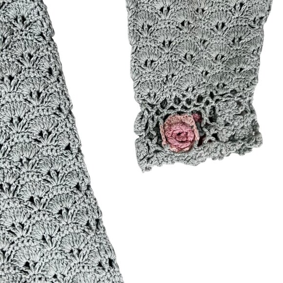 Vintage Handmade Crochet Green Tunic Sweater Pink Roses Colleens Collectables - Picture 5 of 13